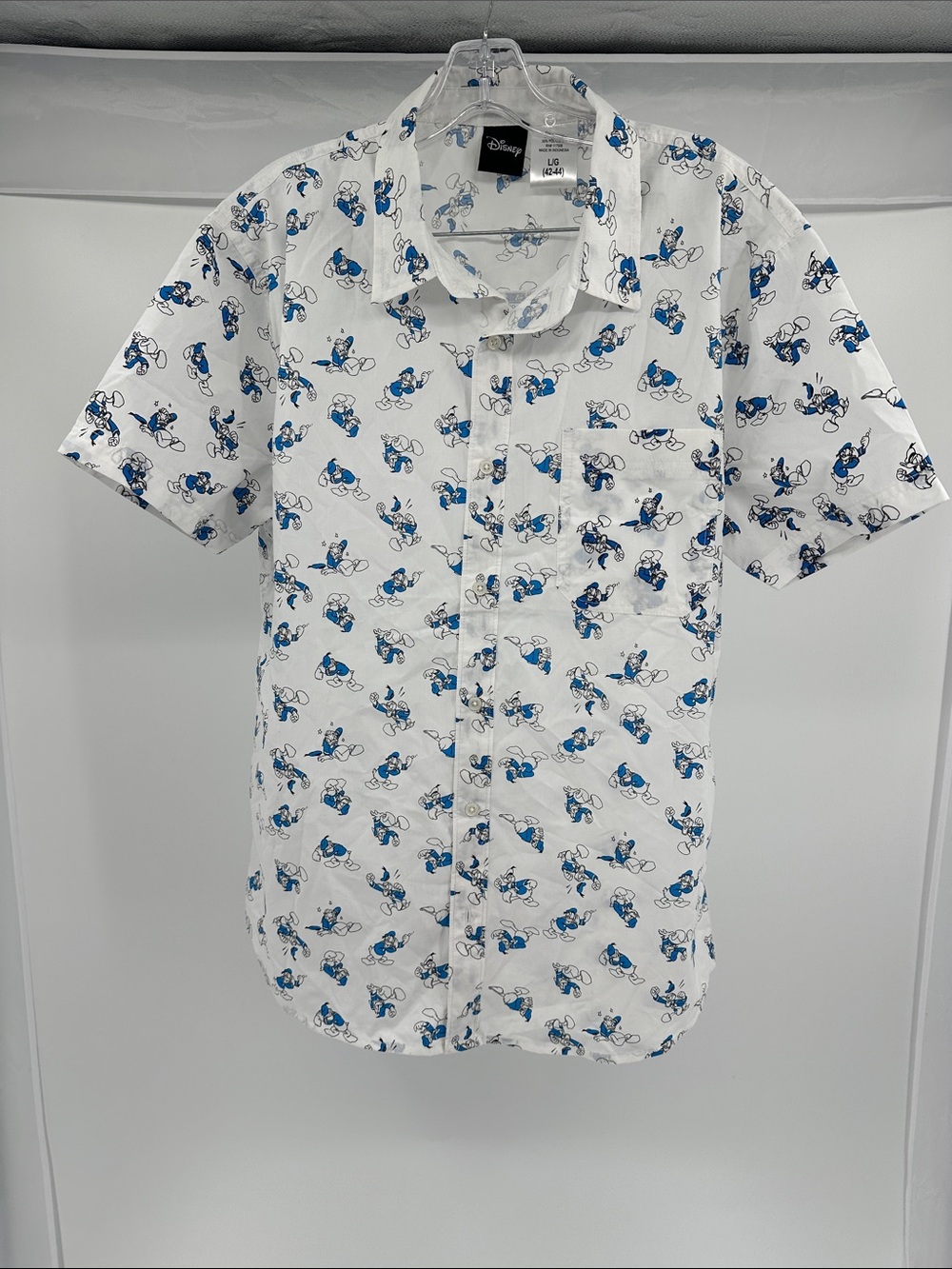 Disney Short-Sleeve White Button-Up Shirt with Blue Character Print